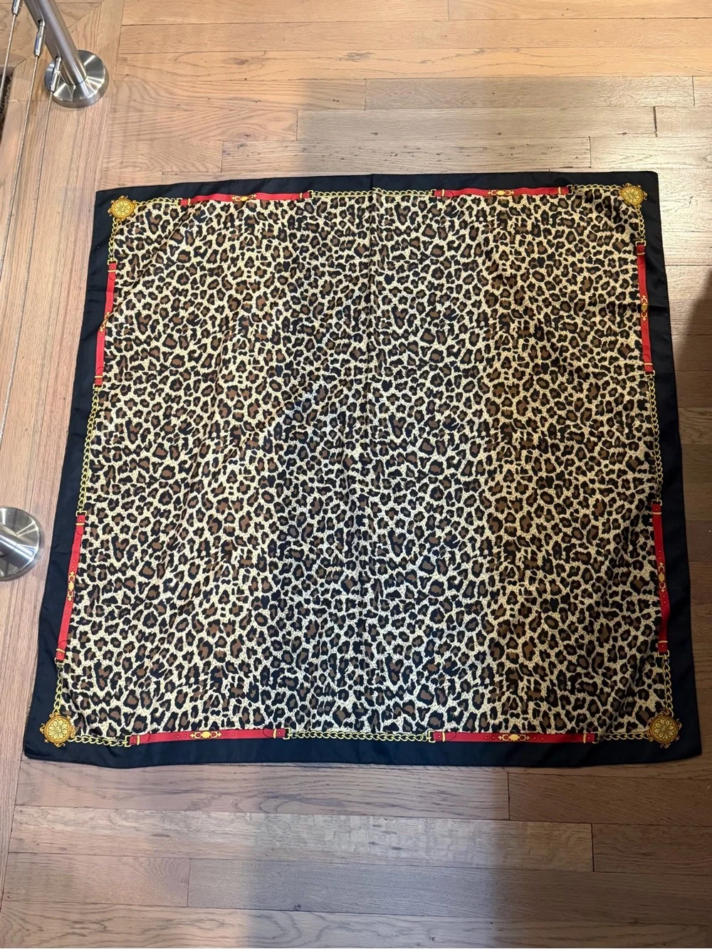Leopard Print Square Scarf with Black and Red Trim 35” Square